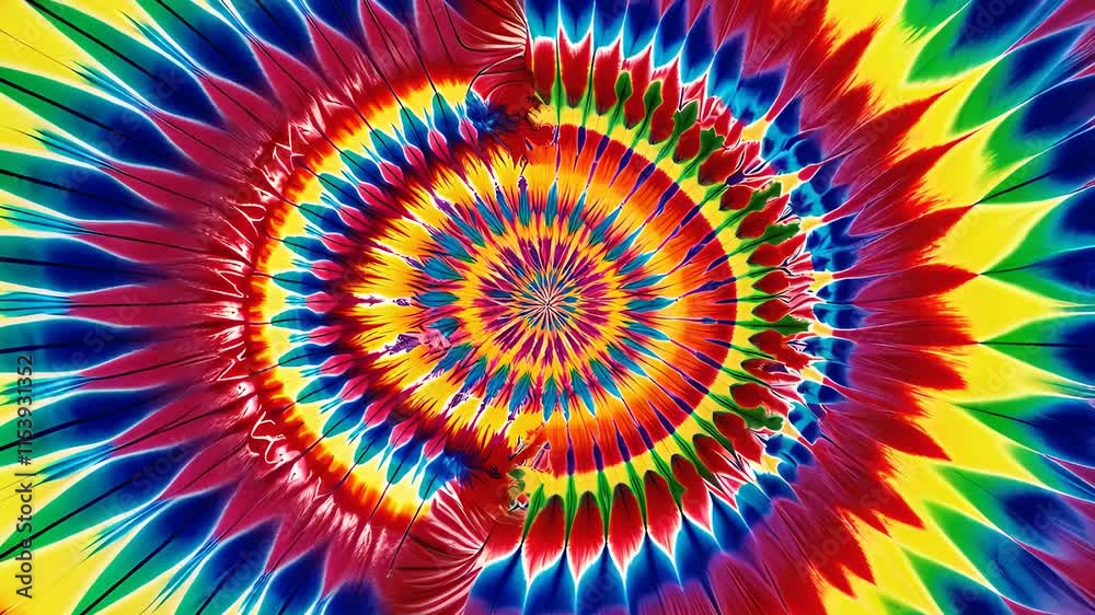 Vibrant Tie-Dye Spiral Pattern with Bold Multicolor Design and Radiating Energy


