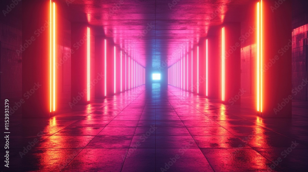 A vibrant, colorful tunnel illuminated by neon lights. The walls are lined with glowing streaks of pink and orange, leading to a bright white light at the end. A vibrant, colorful tunnel illuminated by neon lights. The walls are lined with glowing streaks of pink and orange, leading to a bright white light at the end.