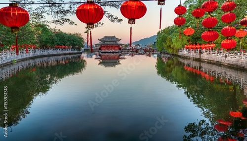 Misty reflections dance on a serene waterway illuminated by red lanterns, creating a captivating atmosphere for a cultural festival