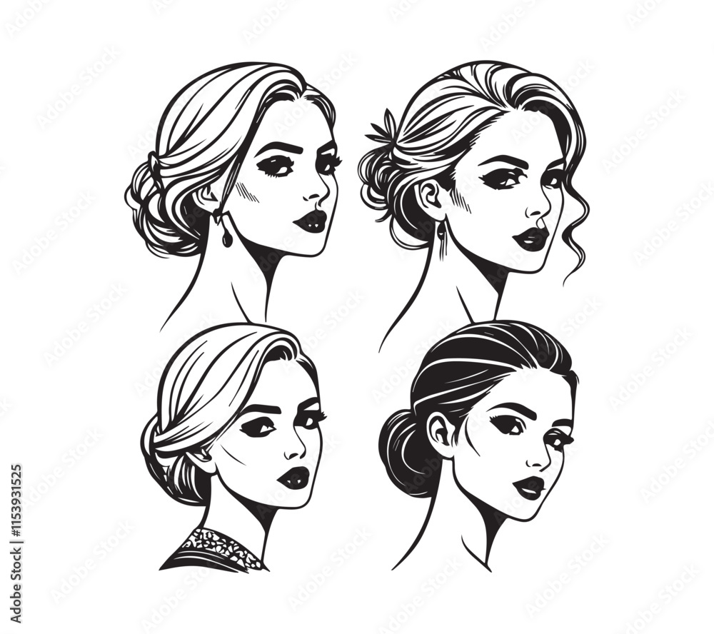 Set of stylized woman faces. Modern single line art. Woman beauty fashion concept, minimalistic style Black and white Set of stylized woman faces. Modern single line art. Woman beauty fashion concept, minimalistic style Black and white
