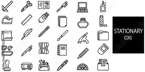 Stationary simple concept 30 icons set. Contains such Notebook diary, satchel, accessories,Pen, pencil, ruler, highlighter marker and calculator .Vector illustration.