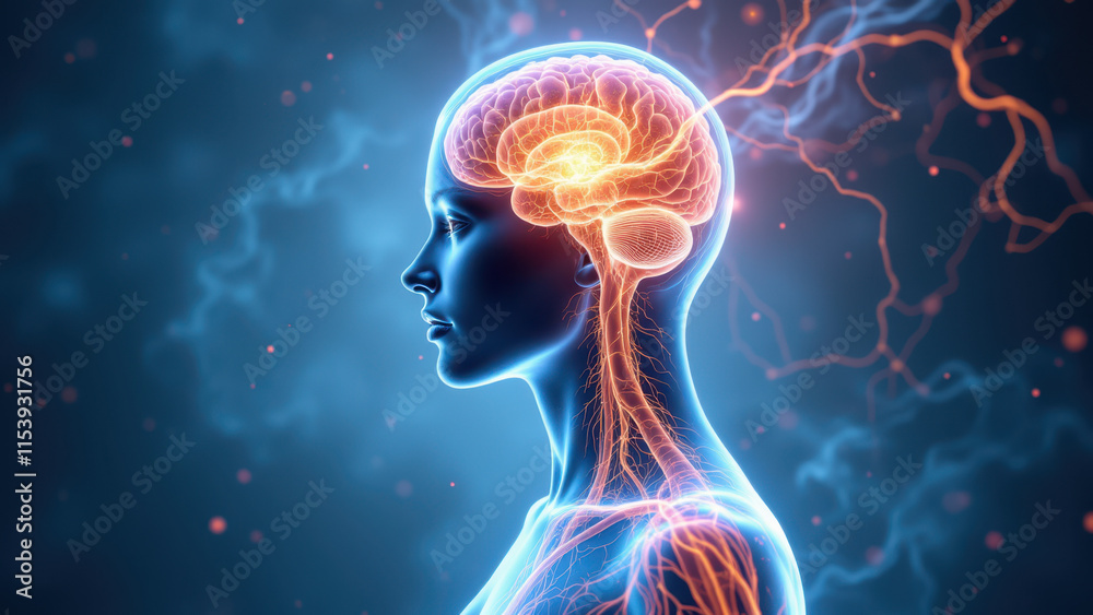 Vagus Nerve Stimulation - Image of a human head with highlighted brain activity. Vagus Nerve Stimulation - Image of a human head with highlighted brain activity.