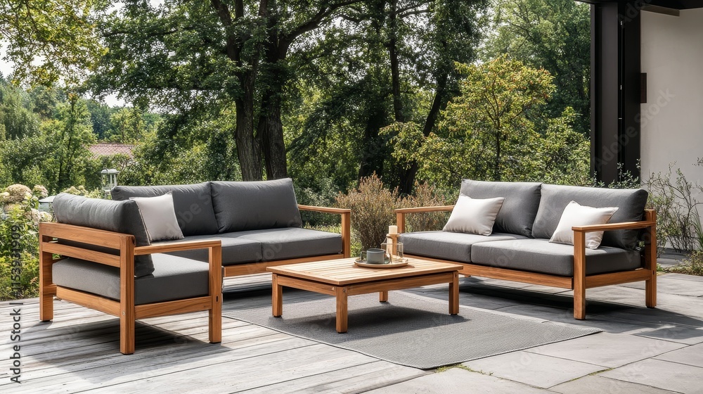 Modern outdoor seating area with couches and table amidst greenery. Modern outdoor seating area with couches and table amidst greenery.