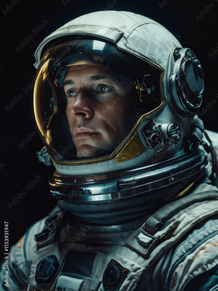 Close-up of an astronaut in a space suit with detailed textures and reflections, set against a deep black background. A futuristic and detailed space portrait. Generative AI Close-up of an astronaut in a space suit with detailed textures and reflections, set against a deep black background. A futuristic and detailed space portrait. Generative AI