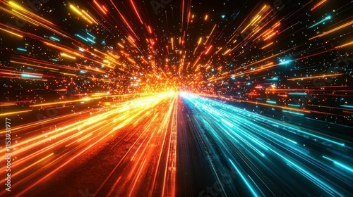 A dynamic abstract image featuring streaks of vibrant colors, creating a sense of motion and energy. The glowing lights radiate in different directions.