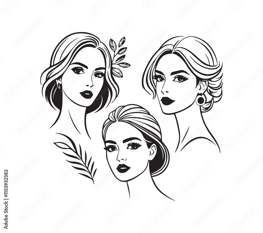 Set of stylized woman faces. Modern single line art. Woman beauty fashion concept, minimalistic style Black and white Set of stylized woman faces. Modern single line art. Woman beauty fashion concept, minimalistic style Black and white