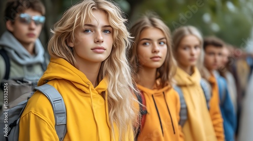 Young adults standing together outdoors.