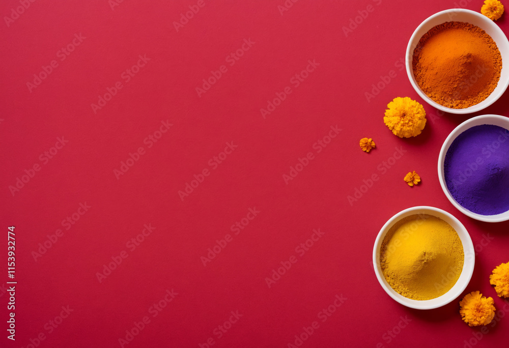 Bowls of colorful gulal powder and marigolds on red flatlay background. Happy Holi festival backdrop for invitation or banner with copy space for text. Indian tradition, colors festival. Top view. Bowls of colorful gulal powder and marigolds on red flatlay background. Happy Holi festival backdrop for invitation or banner with copy space for text. Indian tradition, colors festival. Top view.