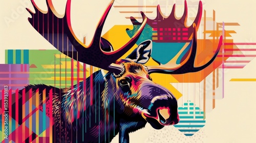 Colorful graphic illustration of a moose with abstract shapes in the background. photo