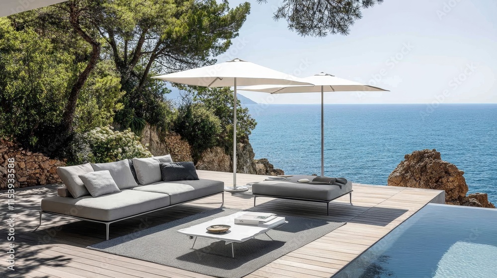 Fototapeta premium Modern outdoor lounge area overlooking the ocean with umbrellas and a pool.