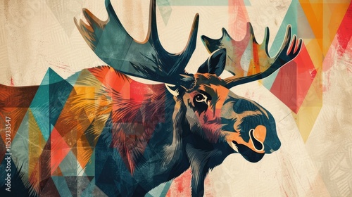 A vibrant, abstract depiction of a moose surrounded by colorful geometric shapes. photo