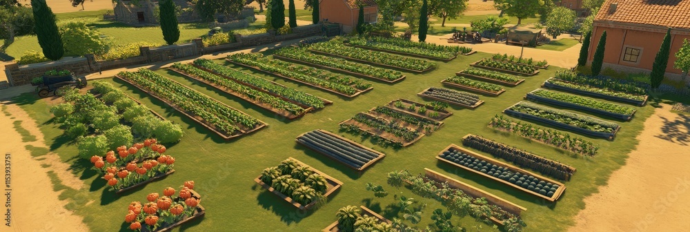 Fototapeta premium A lush garden featuring various vegetable and flower beds arranged neatly.