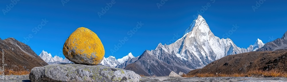 Scenic Mountain Landscape with Lichen-Covered Rock in Beautiful Himalayan Setting Scenic Mountain Landscape with Lichen-Covered Rock in Beautiful Himalayan Setting