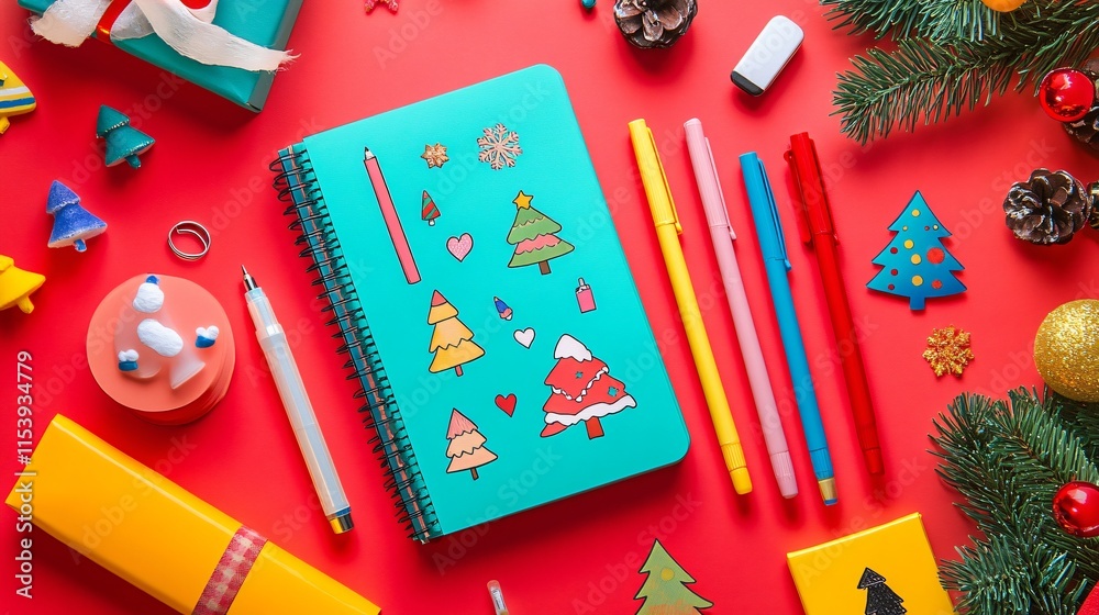 Obraz premium Creative christmas craft supplies home workspace flat lay festive environment overhead view diy concept