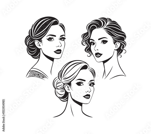 Set of stylized woman faces. Modern single line art. Woman beauty fashion concept, minimalistic style Black and white