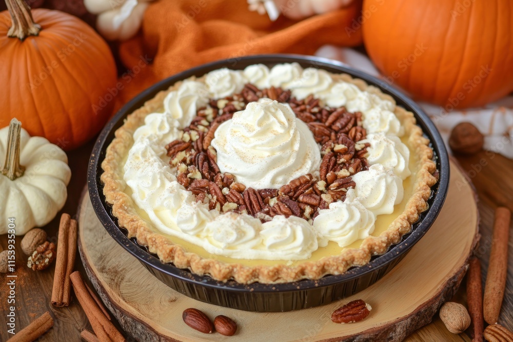 Delicious Pumpkin Pie with Whipped Cream and Pecans Delicious Pumpkin Pie with Whipped Cream and Pecans