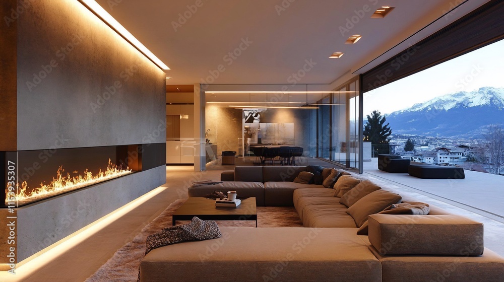 Modern living room with a sleek design, fireplace, and panoramic mountain views. Modern living room with a sleek design, fireplace, and panoramic mountain views.