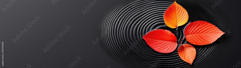 Obraz premium Vibrant Red Leaves Floating on Black Surface Creating Ripples in Water Atmosphere