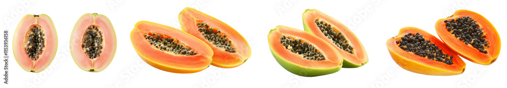 A transparent PNG image featuring half of a ripe papaya with seeds. A transparent PNG image featuring half of a ripe papaya with seeds.