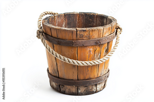 Selective focus wooden bucket isolated on white background, Antique wooden bucket with rope for water on white. photo