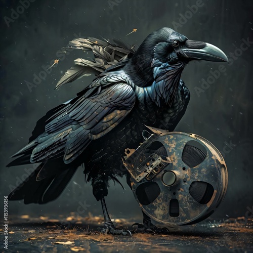 Wallpaper Mural Majestic raven stands bed fallen leaves its wings spread wide holding film reel its beak amidst fogshrouded forest Torontodigital.ca