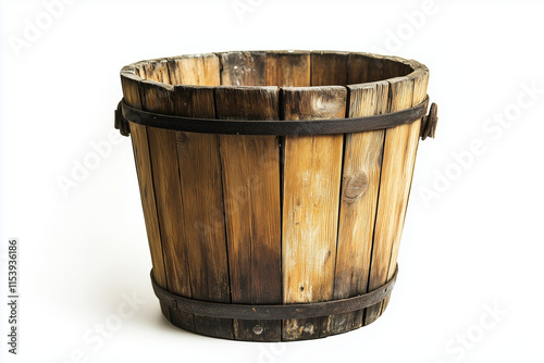 Selective focus wooden bucket isolated on white background, Antique wooden bucket for water on white. photo