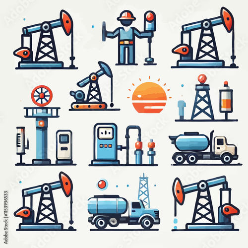 Pump jack icon set flat illustration vector