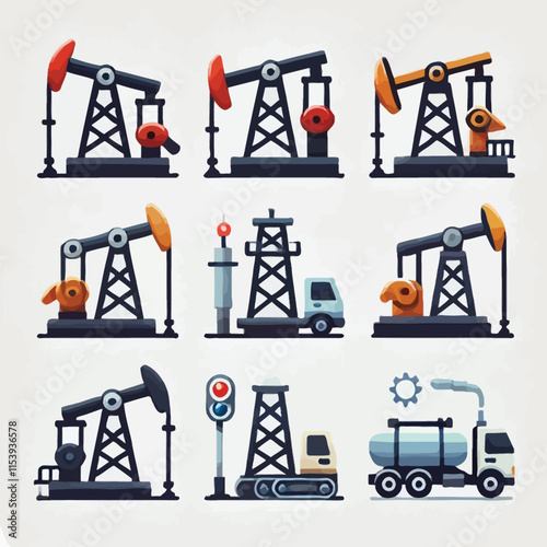 Pump jack icon set flat illustration vector