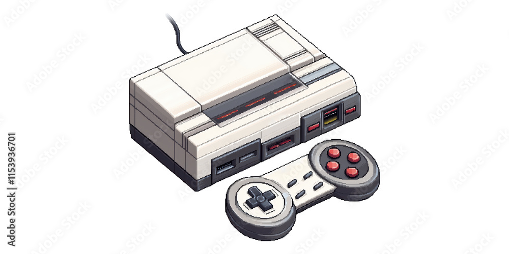 Retro gaming console with controller isolated on transparent background Retro gaming console with controller isolated on transparent background