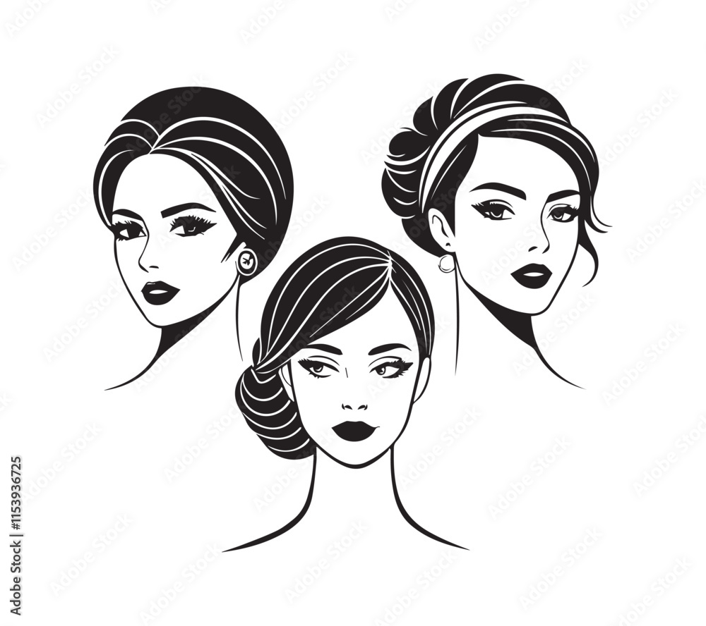 Set of stylized woman faces. Modern single line art. Woman beauty fashion concept, minimalistic style Black and white Set of stylized woman faces. Modern single line art. Woman beauty fashion concept, minimalistic style Black and white
