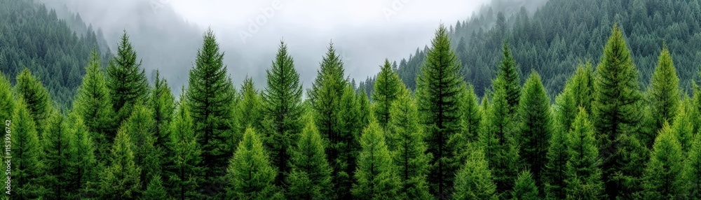 Lush Green Pine Forest with Misty Mountains in the Background During a Calm Day Lush Green Pine Forest with Misty Mountains in the Background During a Calm Day