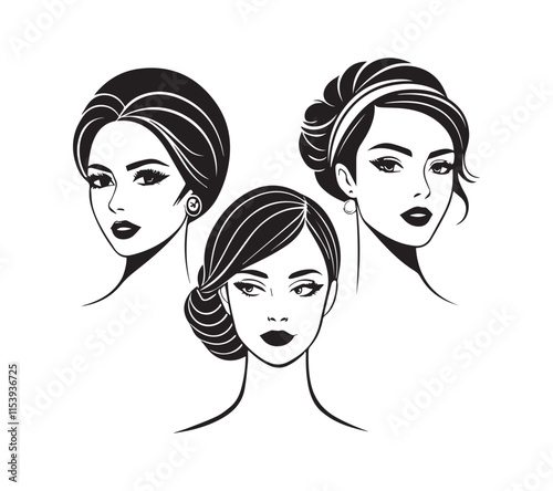 Set of stylized woman faces. Modern single line art. Woman beauty fashion concept, minimalistic style Black and white