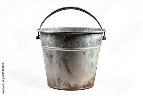 Stainless steel bucket isolated on white background, Selective focus metal bucket with handle on white, All purpose bucket.