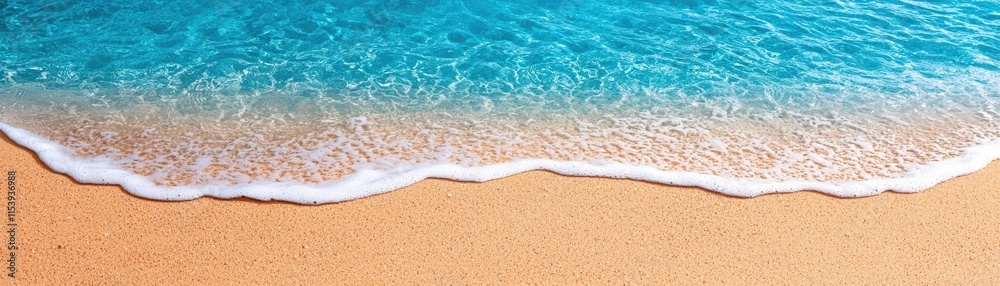 Tranquil Shoreline with Crystal Clear Waves Gently Washing Over Golden Sandy Beach Tranquil Shoreline with Crystal Clear Waves Gently Washing Over Golden Sandy Beach