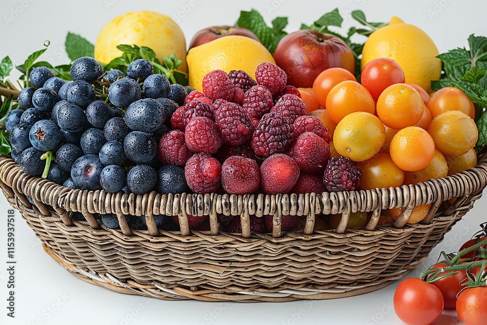 Basket of fresh colorful vegetables and fruits in isolated on white background Basket of fresh colorful vegetables and fruits in isolated on white background