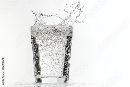 Sparking water with water splash isolated on white background, Selective focus glass of water for commercial advertisement.