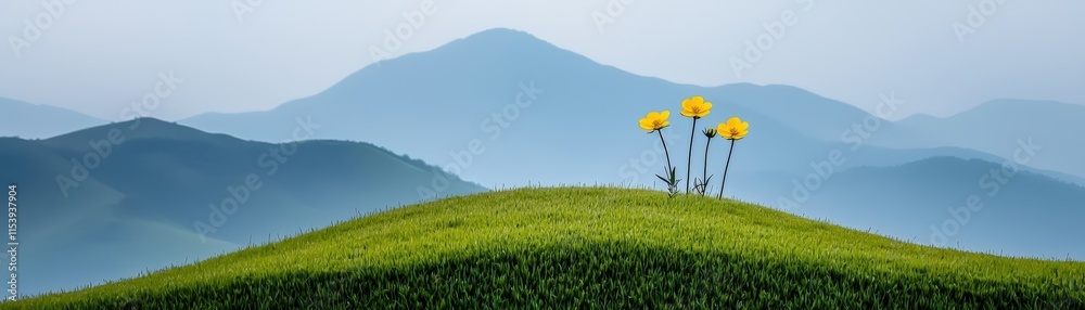 Vibrant Yellow Flowers Blooming on Green Hill Against Soft Blue Mountains in the Background Vibrant Yellow Flowers Blooming on Green Hill Against Soft Blue Mountains in the Background