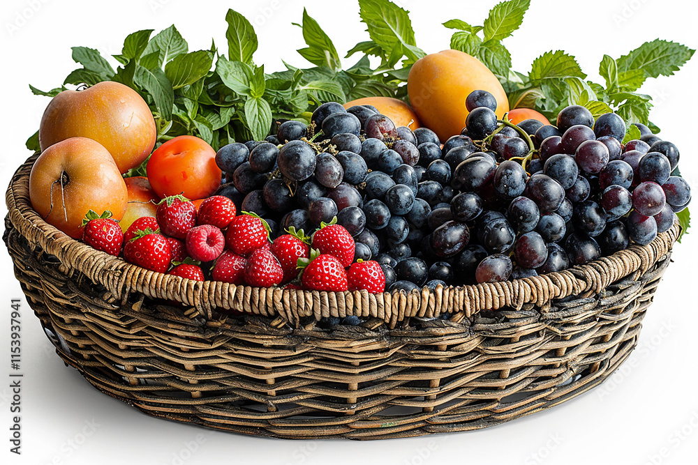 Basket of fresh colorful vegetables and fruits in isolated on white background Basket of fresh colorful vegetables and fruits in isolated on white background
