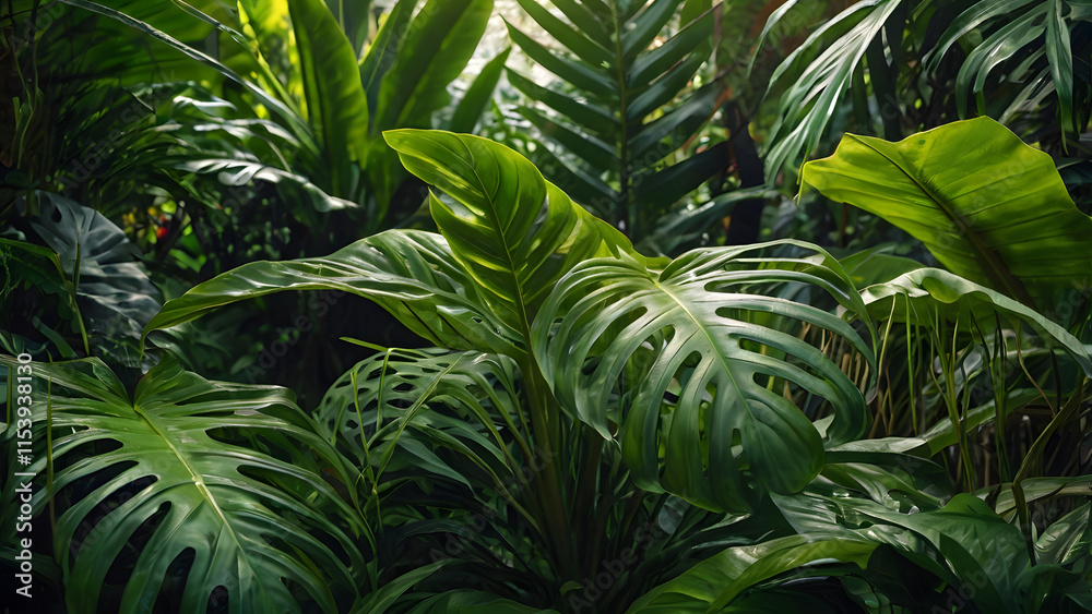 Lush Tropical Rainforest: A vibrant tapestry of deep green foliage, showcasing the rich biodiversity of a tropical rainforest. Sunlight filters through the dense canopy. Lush Tropical Rainforest: A vibrant tapestry of deep green foliage, showcasing the rich biodiversity of a tropical rainforest. Sunlight filters through the dense canopy.