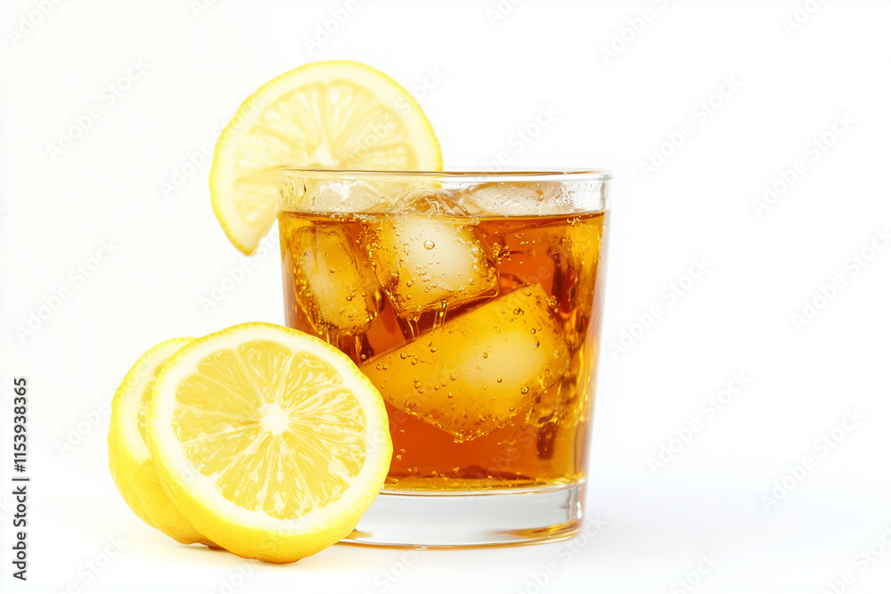 Selective focus glass of honey and lemon isolated on white background, Refreshing drink concept with honey and lime on white, Lemon sliced with honeycomb and ice with water splash for commercial Selective focus glass of honey and lemon isolated on white background, Refreshing drink concept with honey and lime on white, Lemon sliced with honeycomb and ice with water splash for commercial