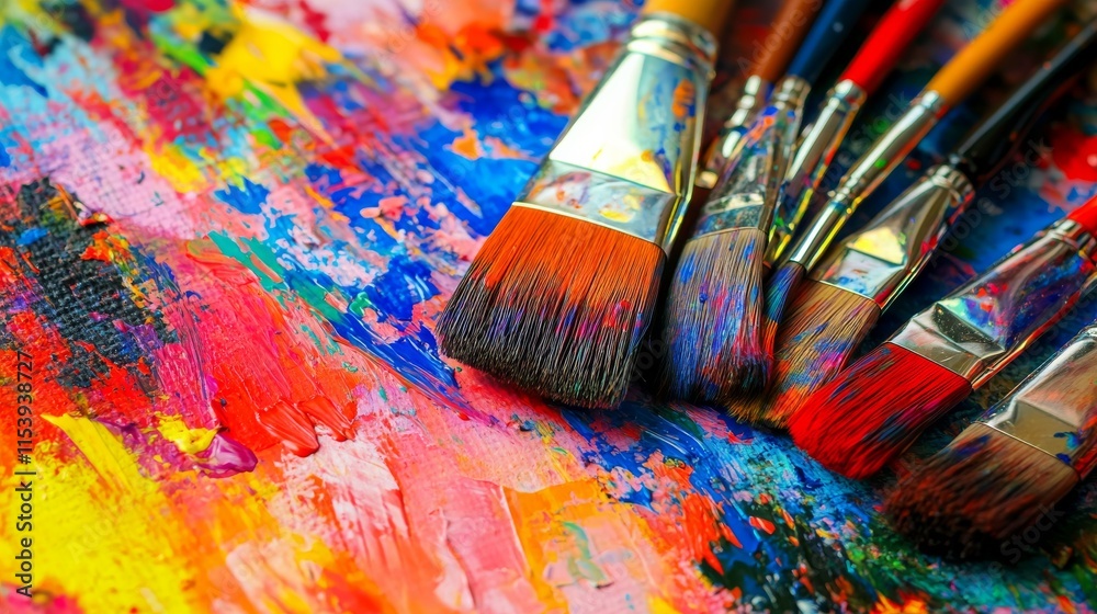 Fototapeta premium A vibrant painting workshop in a colorful art studio, Paintbrushes and canvases arranged artistically, Artistic creation style