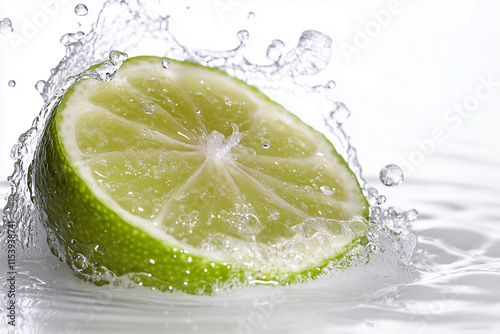 Selective focus fresh lime cut with dropping in to water isolated on white background, Close up shot half cut green lime with water splash for commercial advertisement on white.