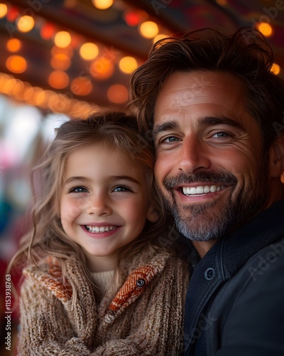 Father and daughter laugh on a colorful carousel at a carnival, surrounded by bright lights and quirky decorations. The image radiates warmth and happiness, ideal for family product ads or  bonding. photo