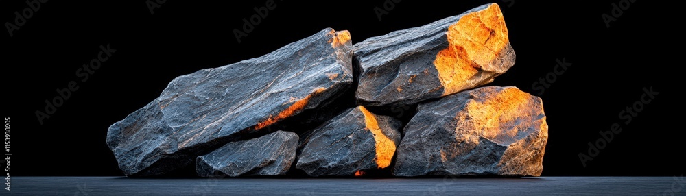 Rough Textured Stones with Orange Highlights on Black Background Perfect for Natural Element Use Rough Textured Stones with Orange Highlights on Black Background Perfect for Natural Element Use