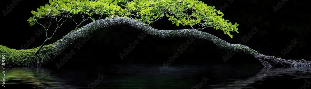 Naklejka premium Serene Curved Tree Branch Over Water Surrounded by Dark Nature Landscape and Reflective Surface