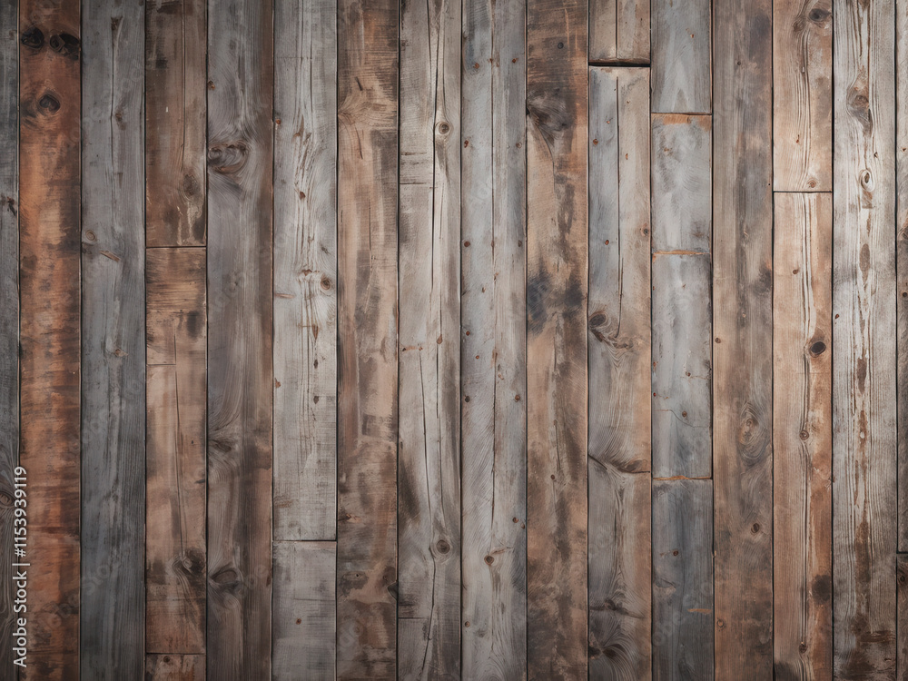 Fototapeta premium An artistic arrangement of reclaimed wood planks, showcasing aged textures and a mix of natural tones. A rustic and vintage-inspired background. Generative AI