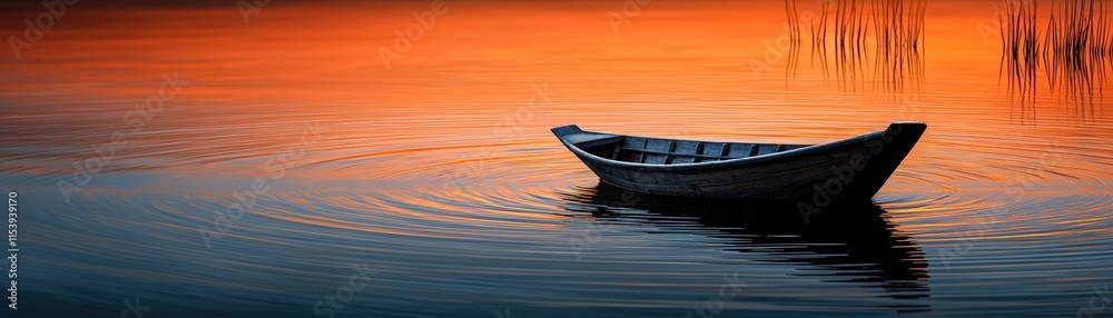 Serene Twilight on Calm Water with a Single Rowing Boat Surrounded by Soft Rippling Waves Serene Twilight on Calm Water with a Single Rowing Boat Surrounded by Soft Rippling Waves