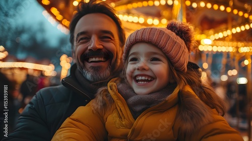 Father and daughter laugh on a colorful carousel at a carnival, surrounded by bright lights and quirky decorations. The image radiates warmth and happiness, ideal for family product ads or  bonding. photo