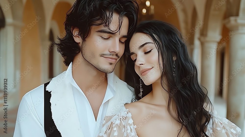 Romantic couple embracing in elegant courtyard. Romantic couple embracing in elegant courtyard.