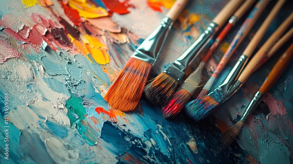 Obraz premium A vibrant painting workshop in an urban art studio, Paintbrushes and canvases arranged creatively, Artistic creation style